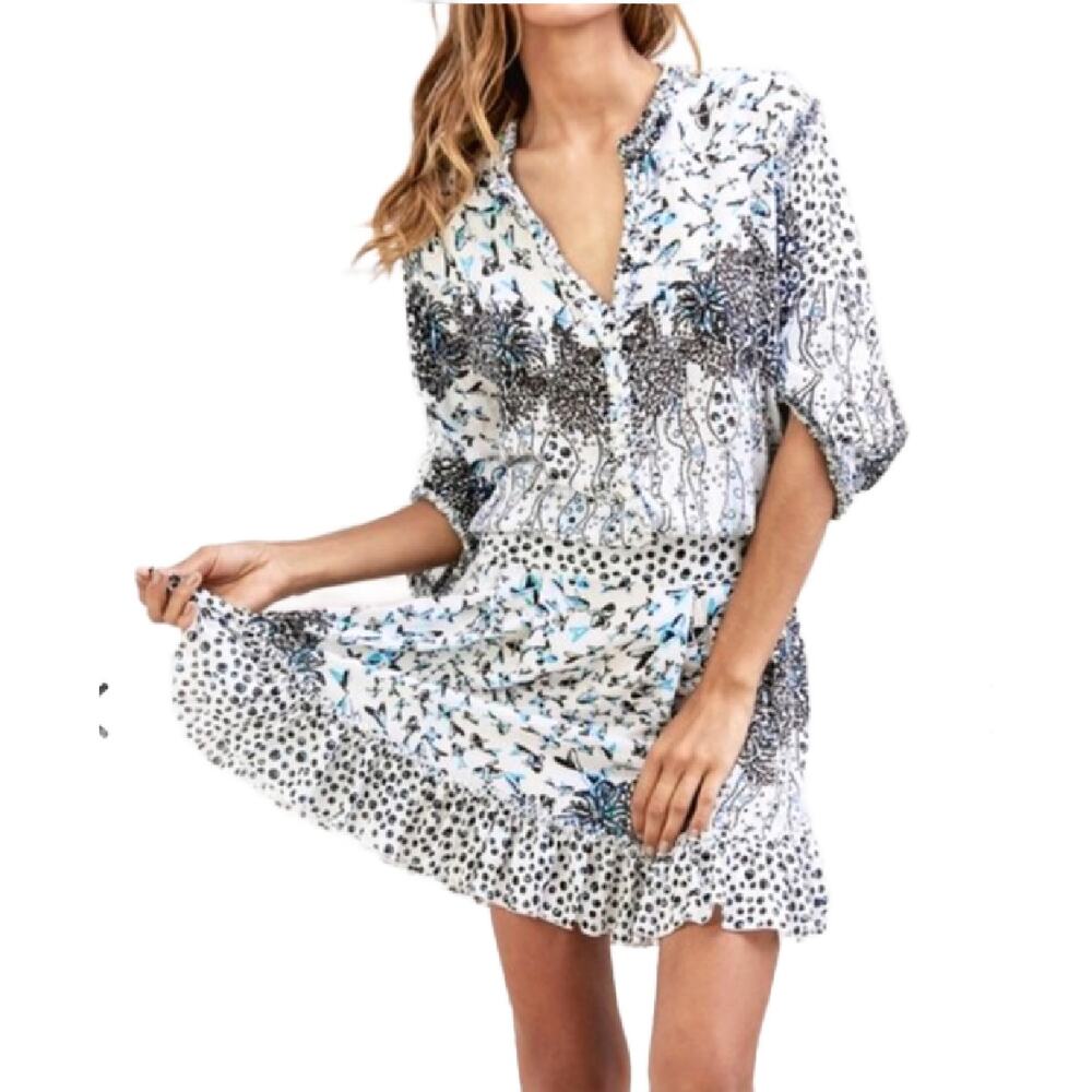POUPETTE ST BARTHE Caline Mini Dress XS  Batik Fish Blue Black Beachy Boho
